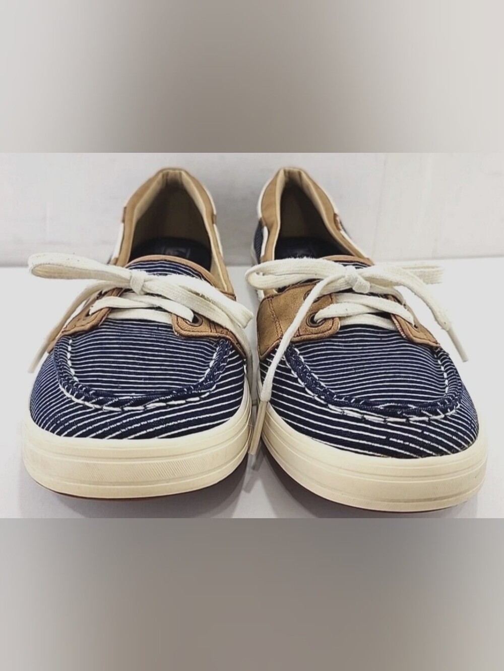 Keds Navy Striped Canvas Boat Shoes with Tan Trim